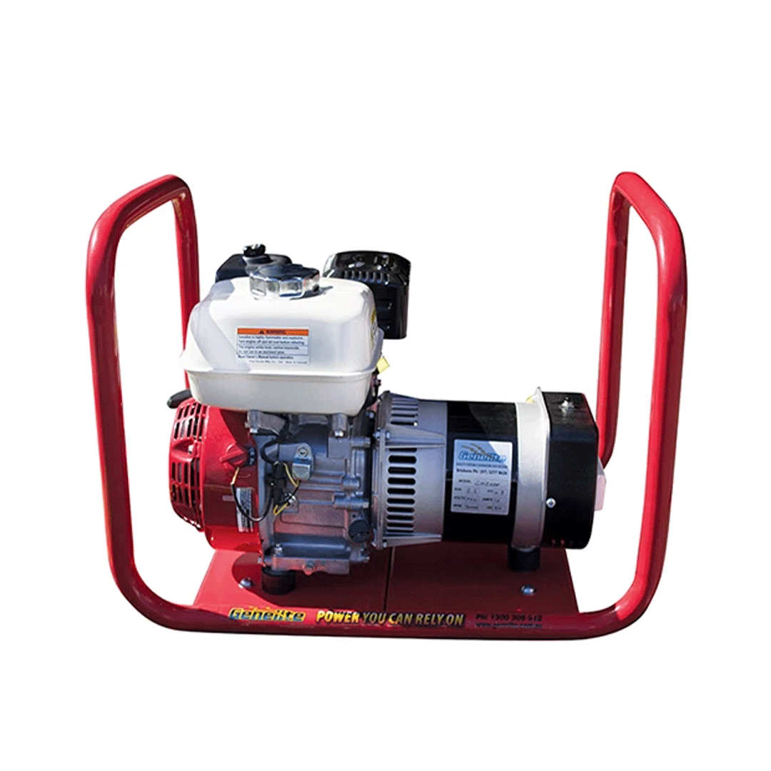 Red portable gasoline generator with red tubular frame on a white background