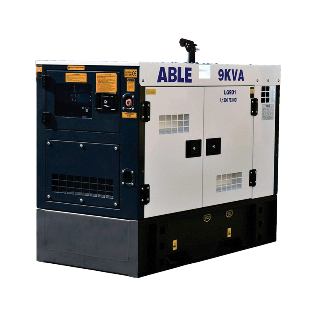 Blue and white 9KVA ABLE diesel generator on a white background