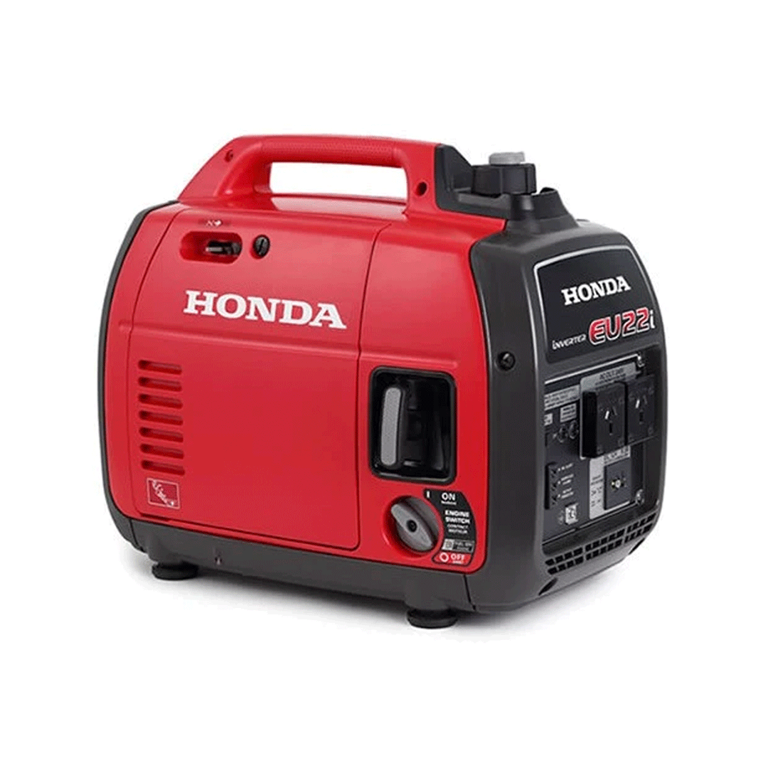 Red and black Honda portable generator with handle and control panel, shown on a white background
