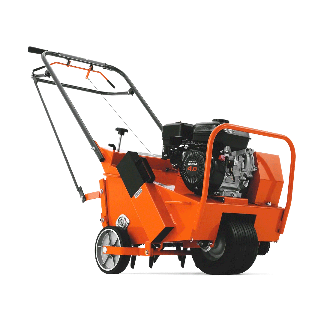 Orange wheeled industrial machine with a black engine and handle, shown on a white background