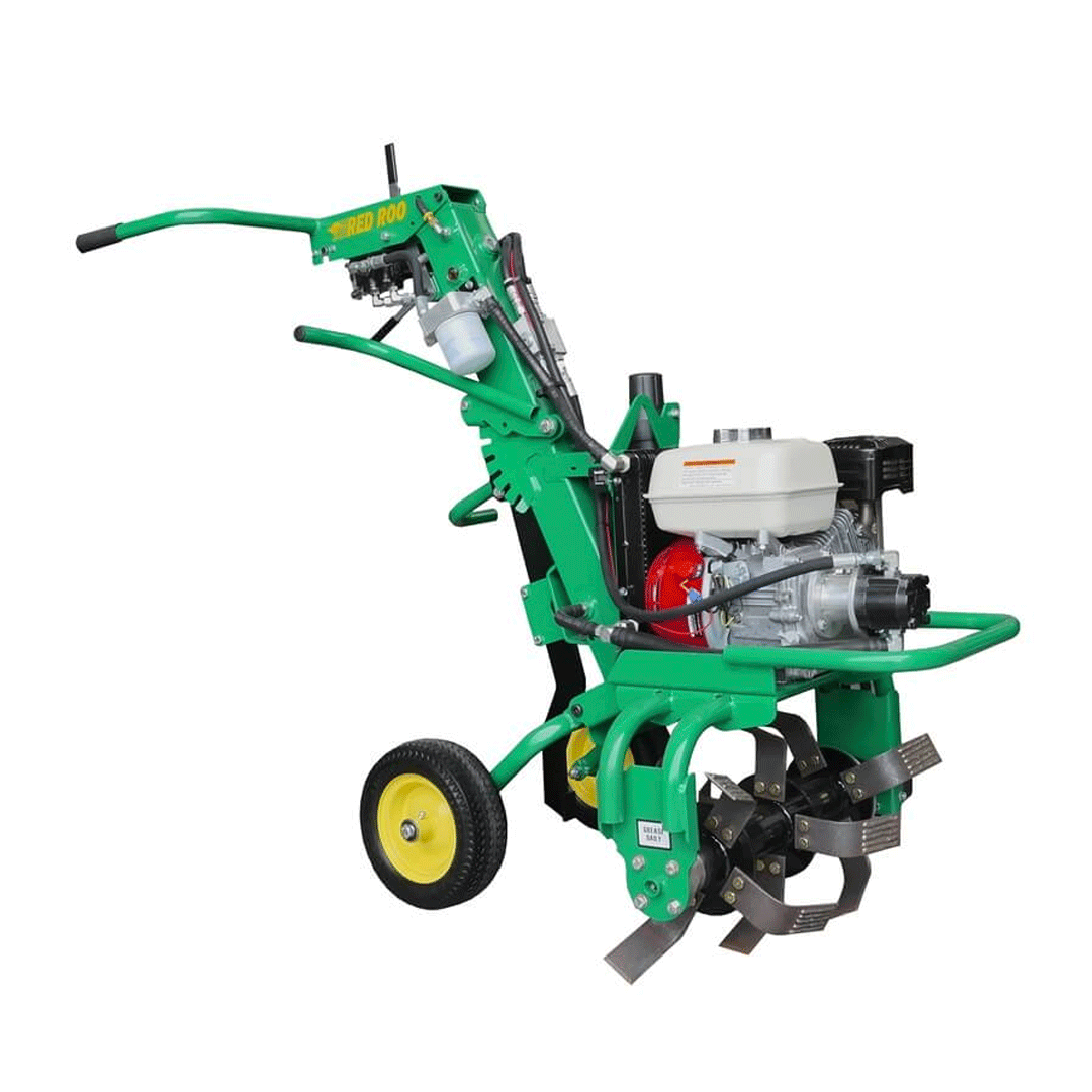 Green tiller with black tines and yellow wheels on a white background