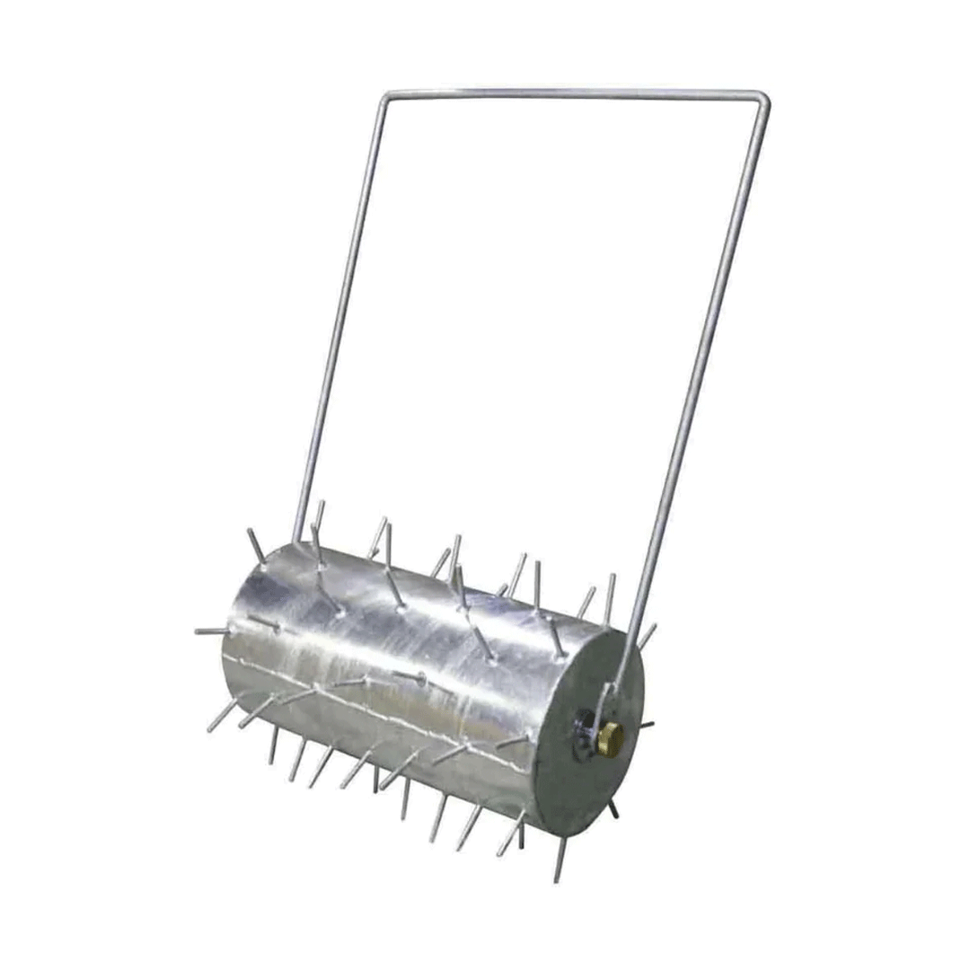 Spiked metal rolling aerator with a U-shaped handle on a white background