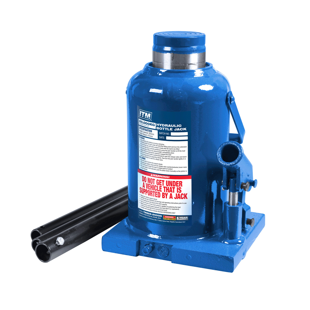 Blue hydraulic bottle jack with a black handle on a white background