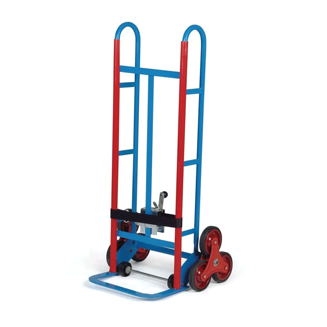 Blue and red hand truck with a platform and large wheels