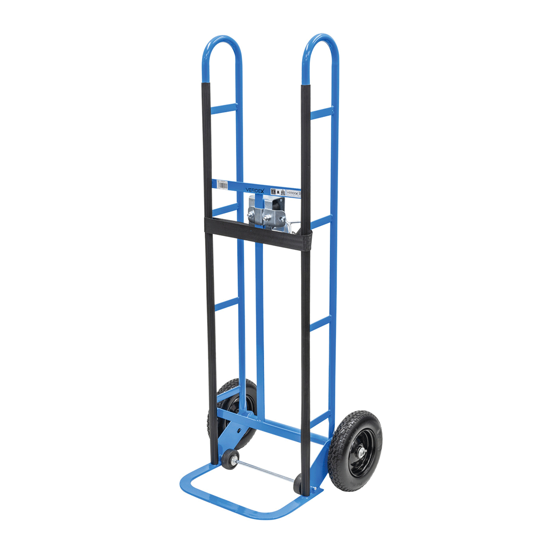 Blue and black hand truck with large wheels and a folding toe plate on a white background
