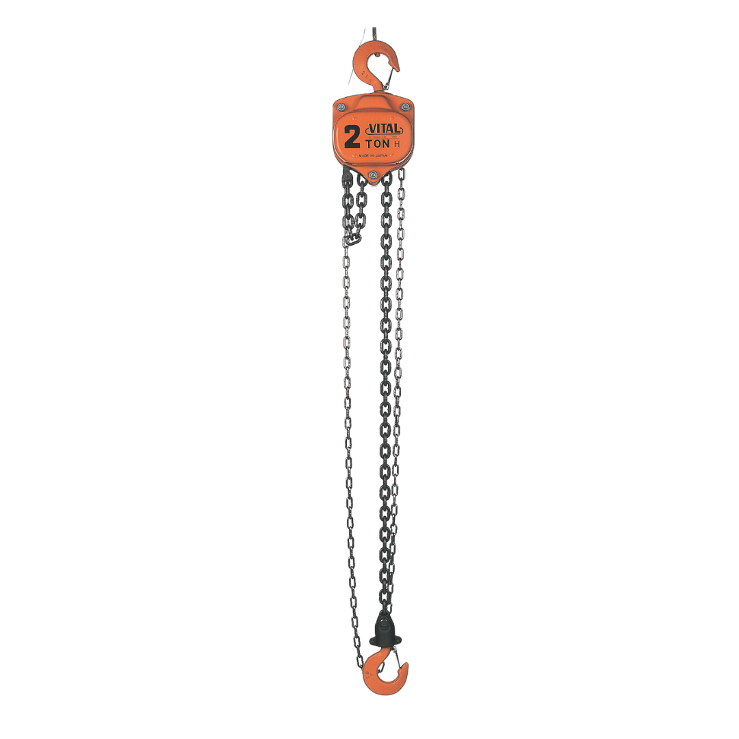 Orange chain hoist with hooks, labeled 2 ton, hanging vertically on a white background
