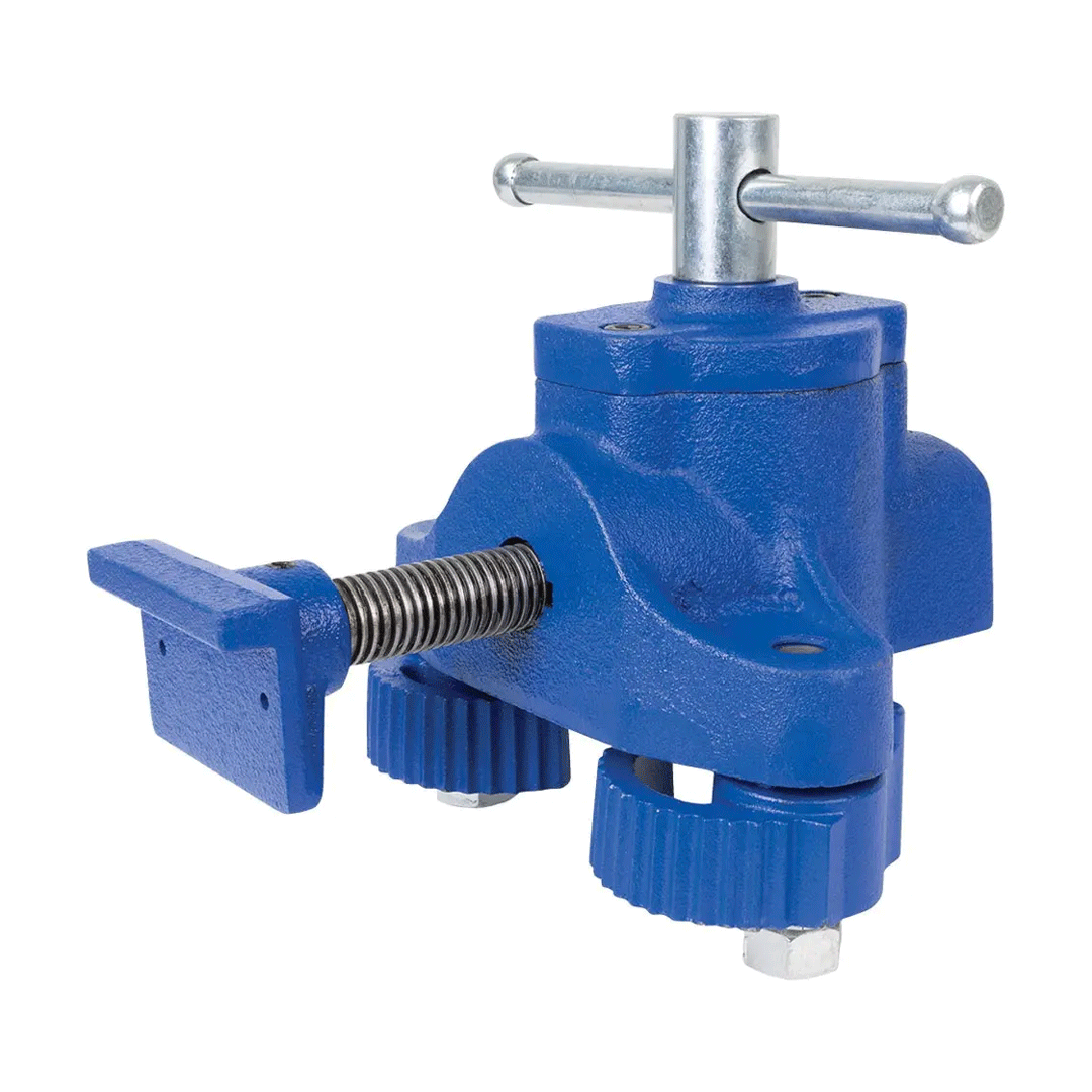 Blue metal hose clamp with a T-handle screw mechanism on a white background