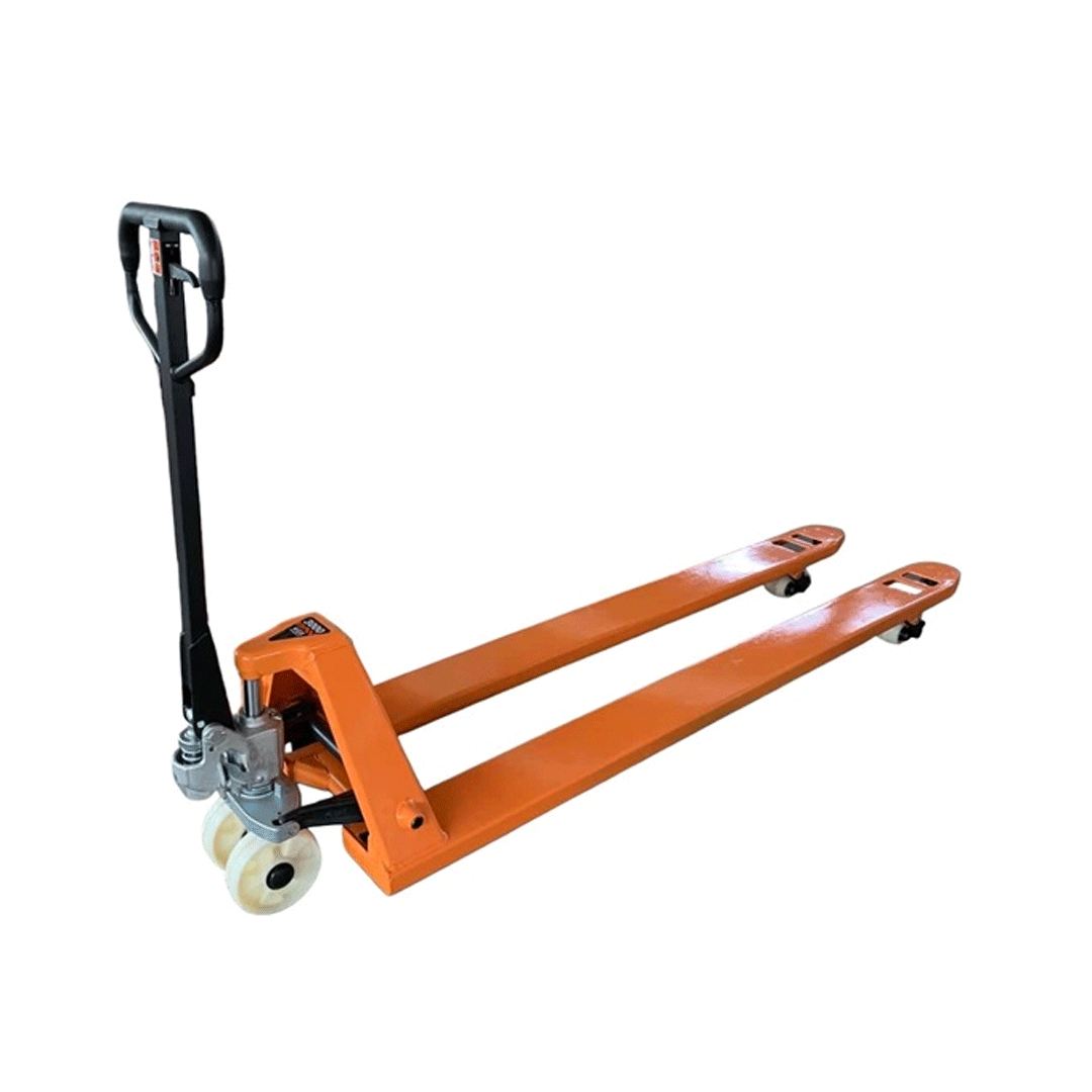 Orange pallet jack with black handle and white wheels on a white background