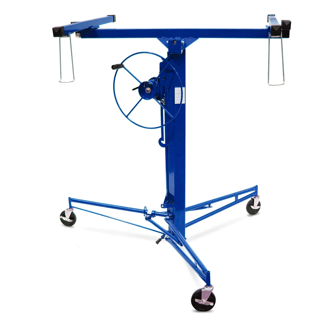 Blue hydraulic shop crane hoist with long boom, wheels, and cable hook on a white background