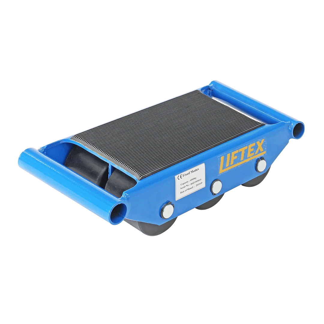 Blue UTex caster dollie with black textured top and four wheels on white background