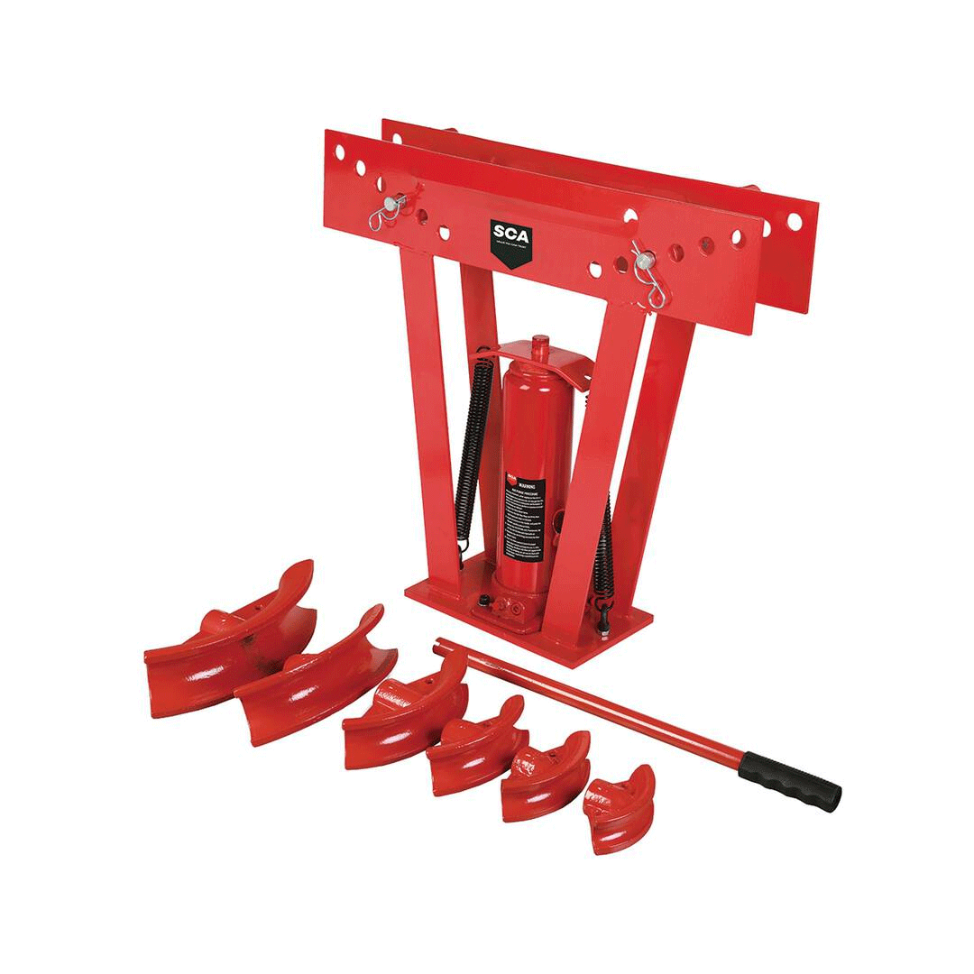 Red pipe bender kit with hydraulic jack, handle, and curved dies on a white background