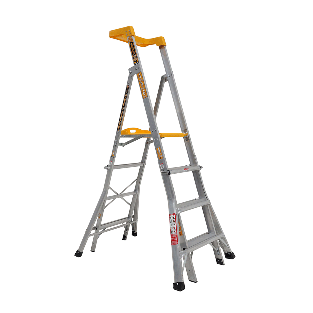 Silver step ladder with orange top and shelves, open in an A-frame on a white background