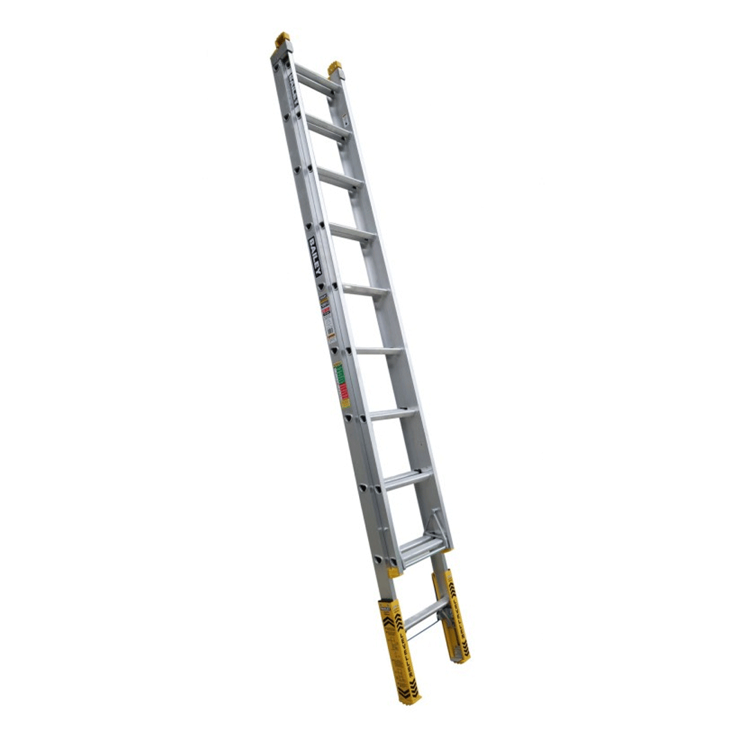 Foldable extension ladder with yellow feet, shown on a white background.