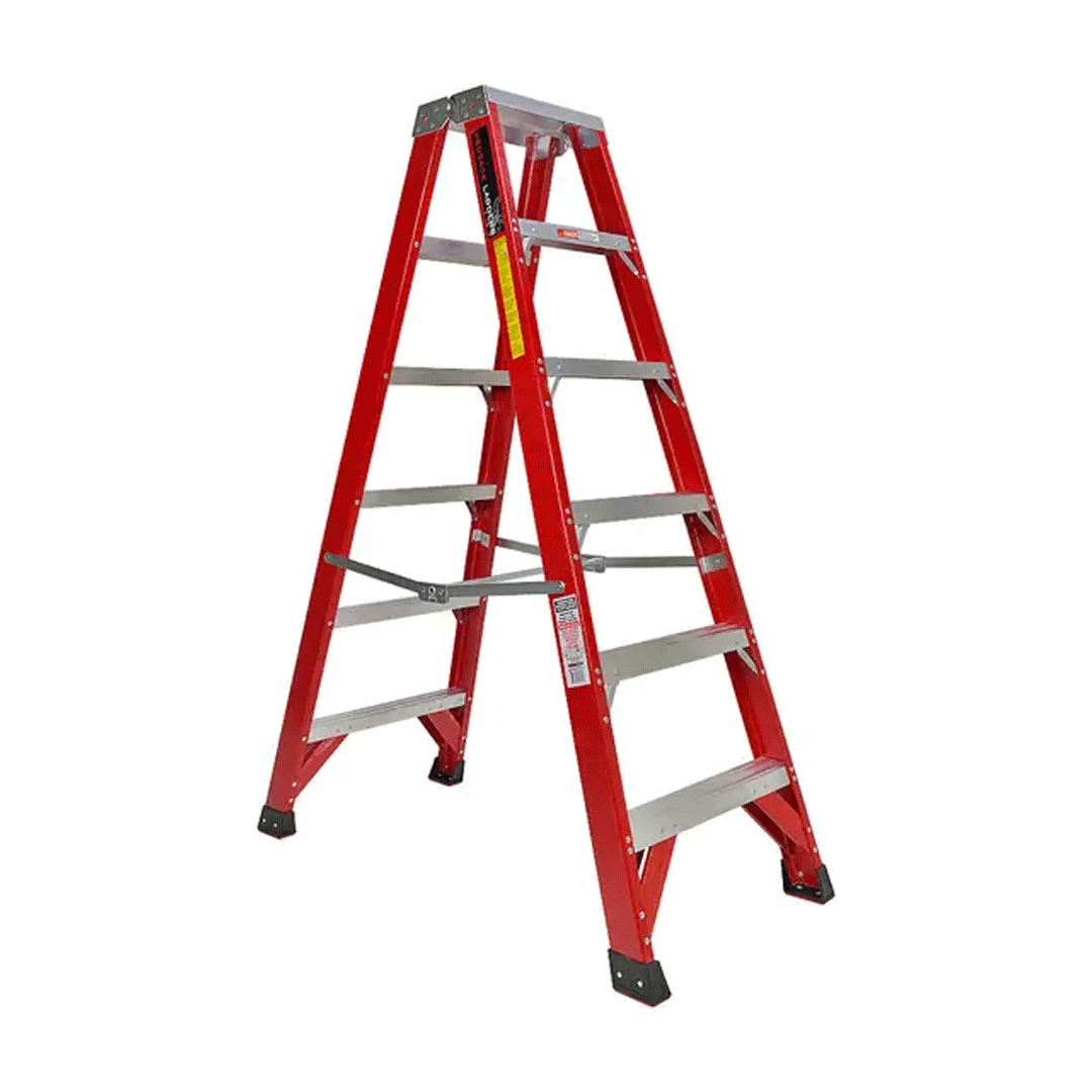 Red fibreglass step ladder with black feet, open in a stable A-frame position.