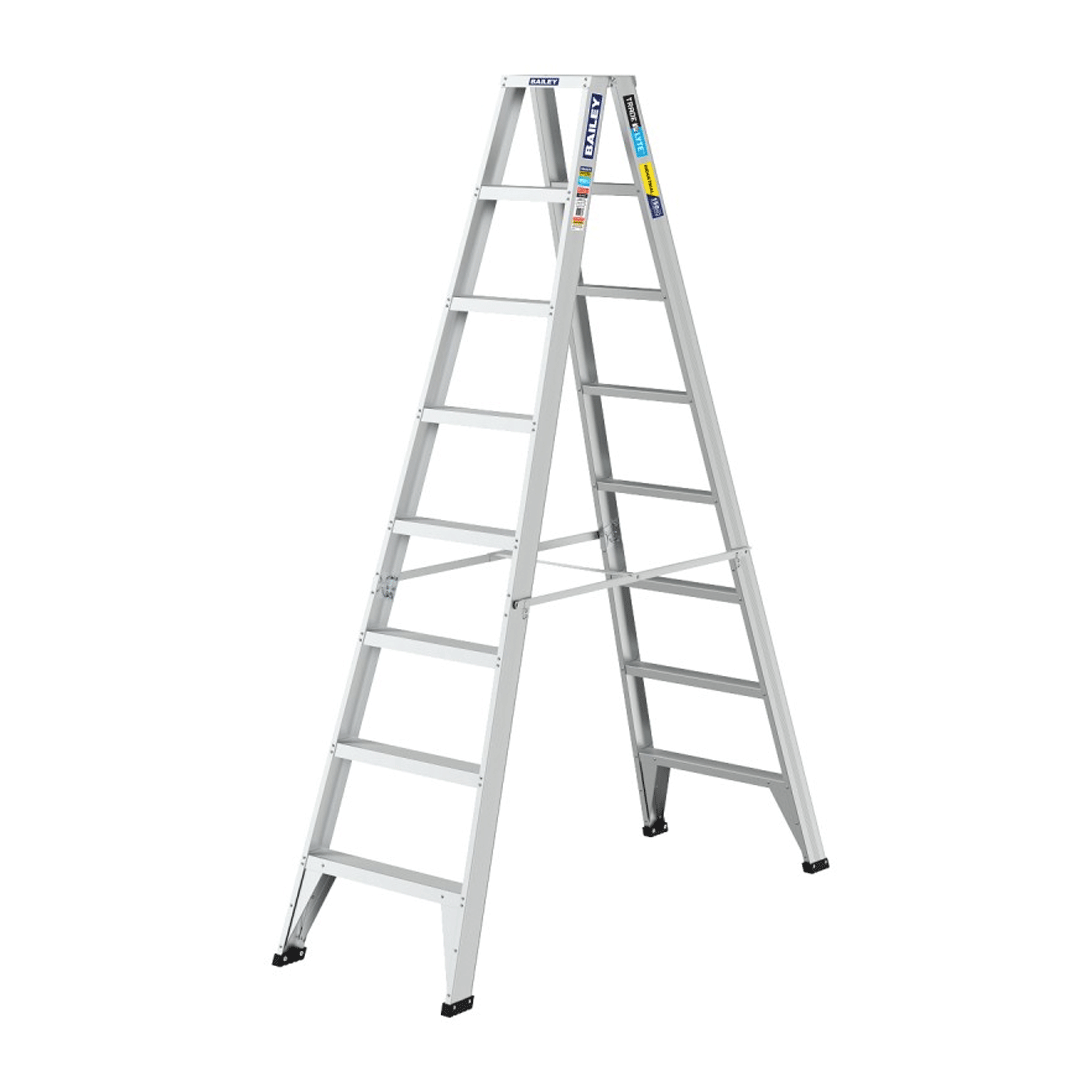 Aluminum step ladder opened in A-frame position on a white background
