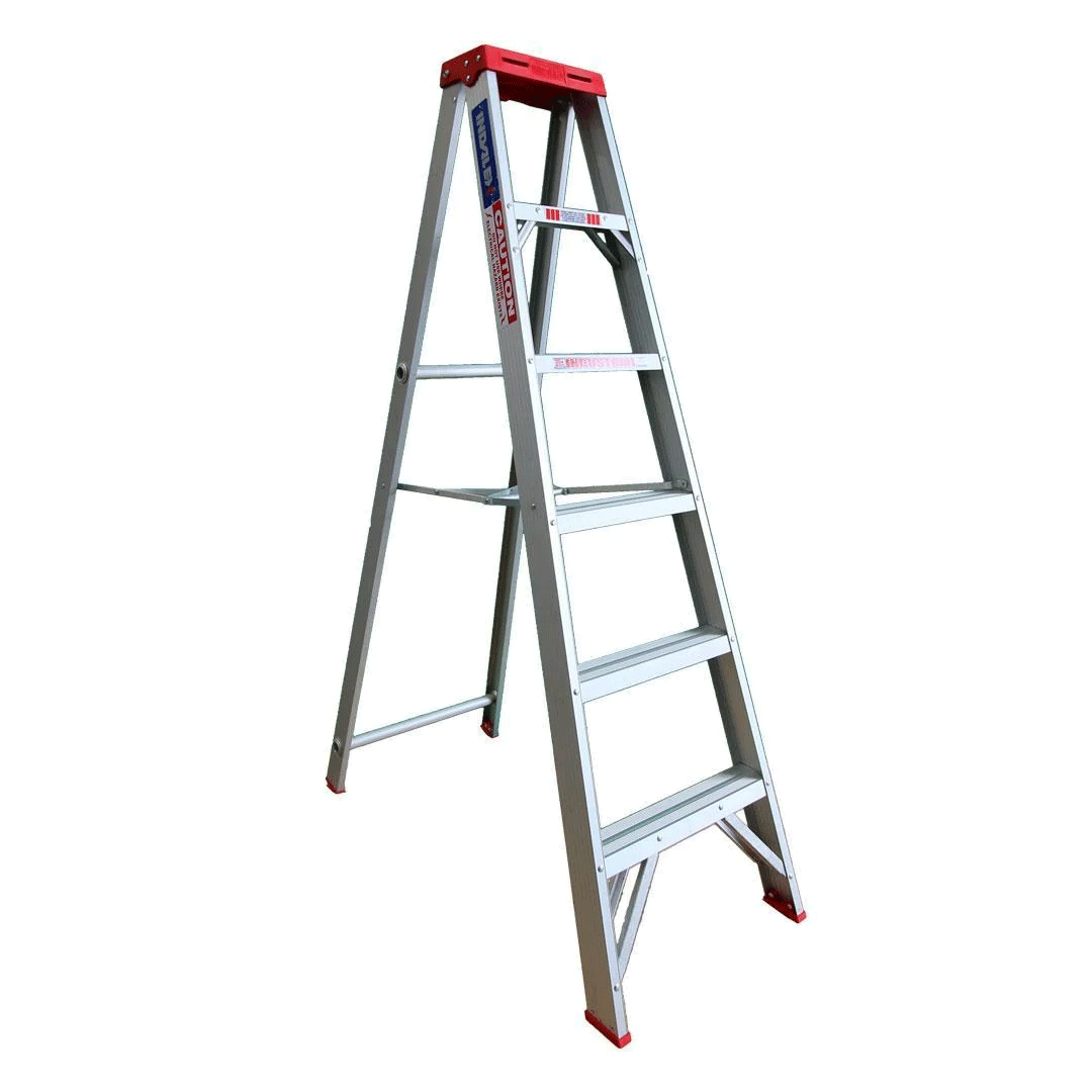 Silver step ladder with red top and feet, shown open on a white background