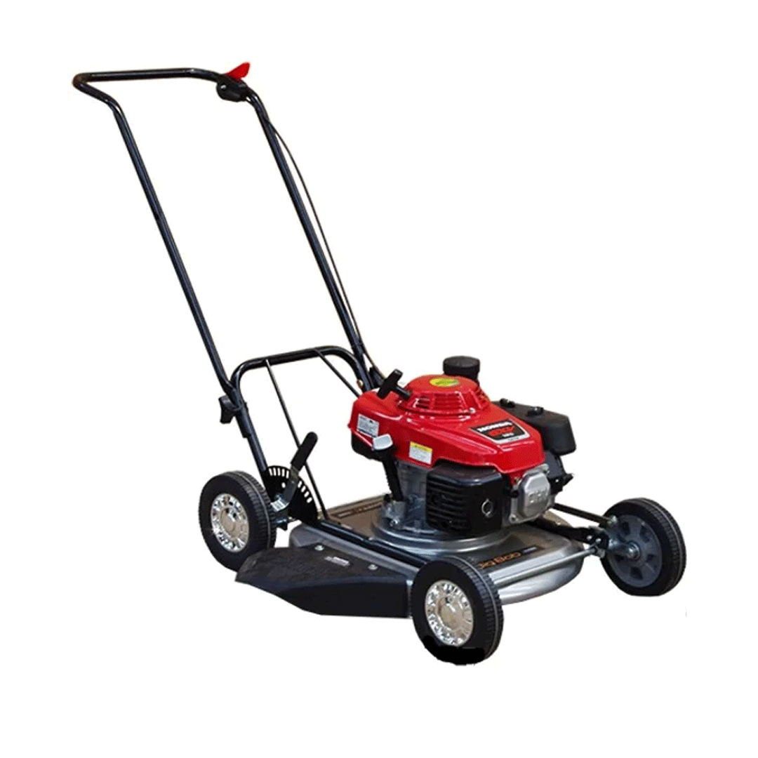 Red push lawn mower with black handle and silver wheels on a white background