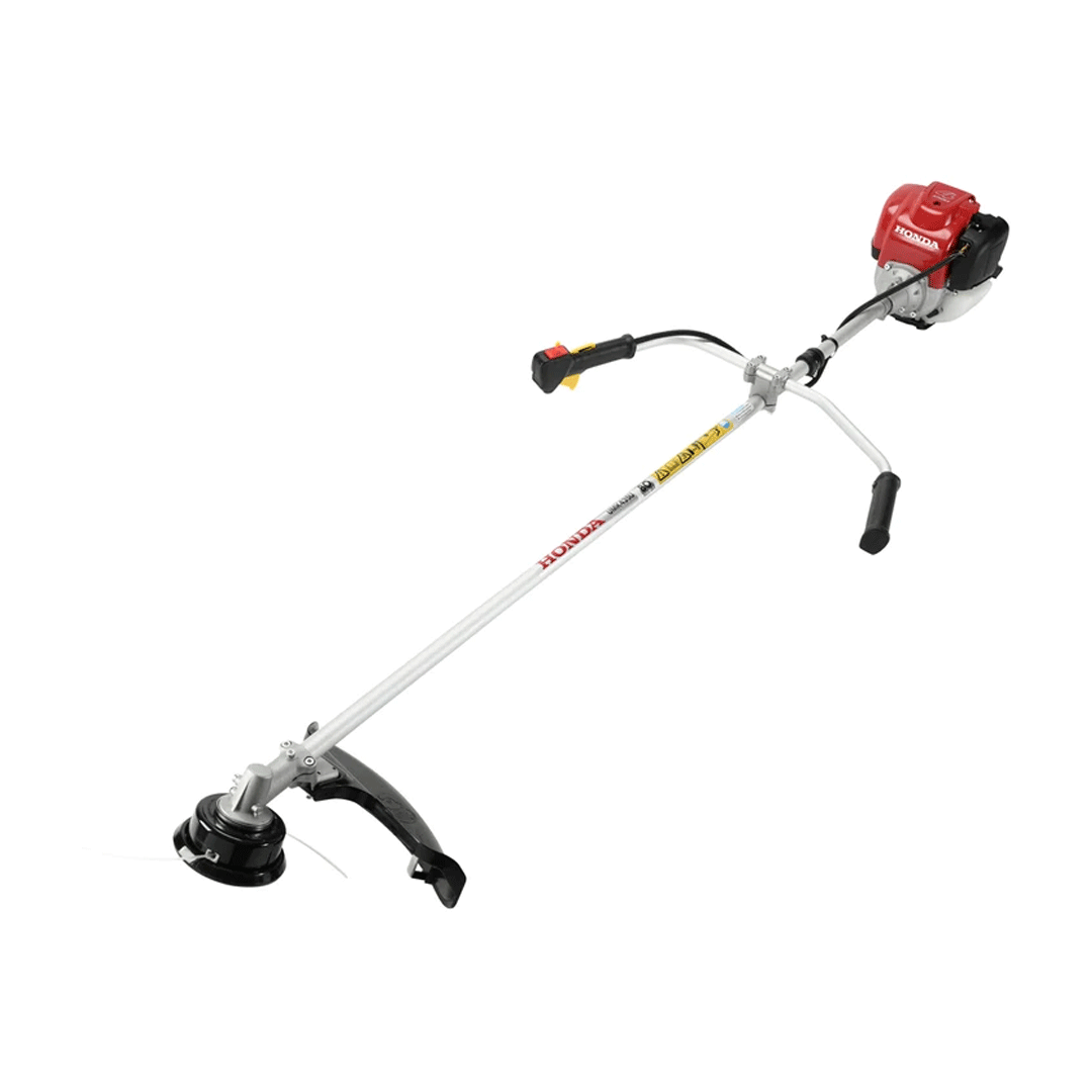 Gas-powered string trimmer with white shaft, black handle, and red engine unit