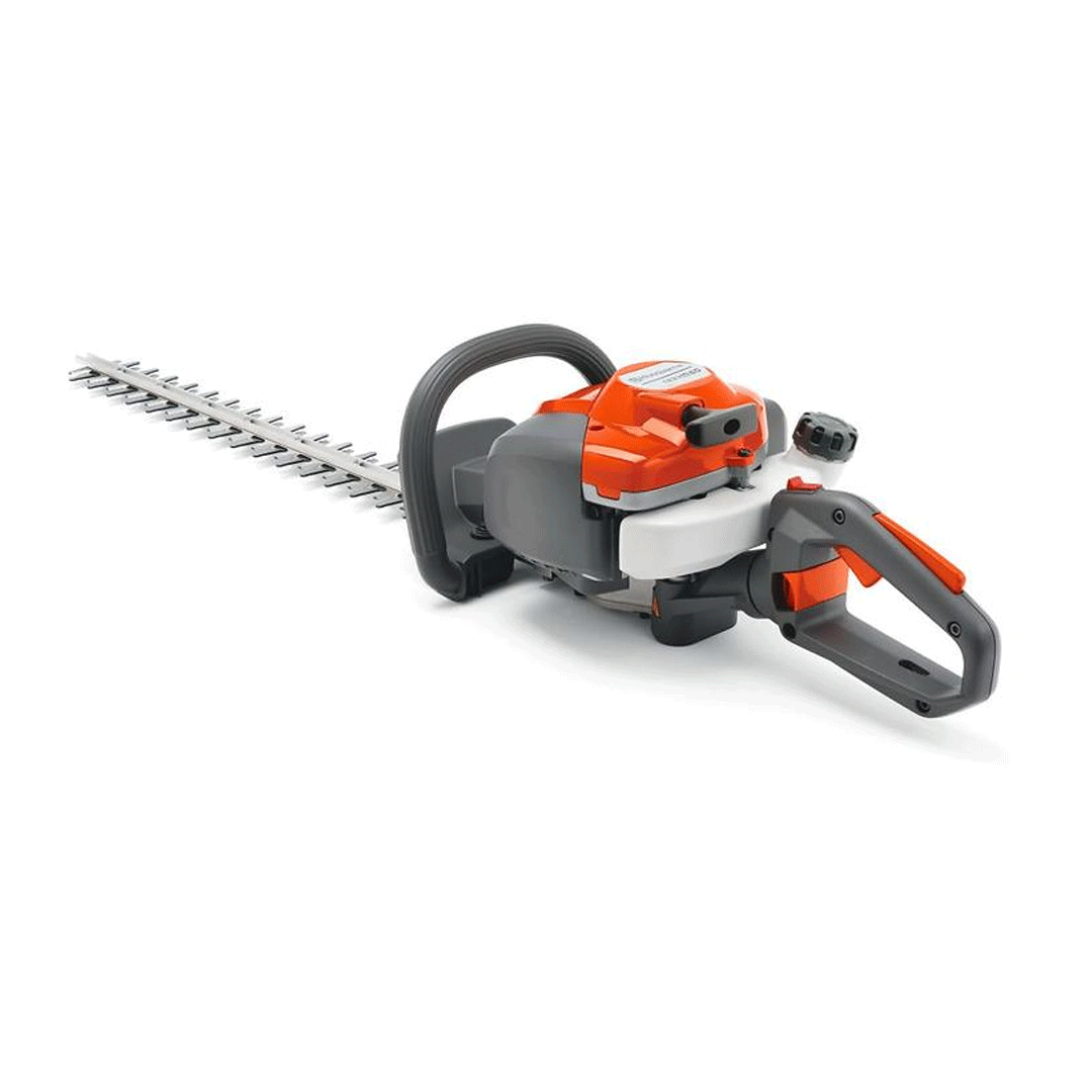 Orange and gray hedge trimmer on a white background