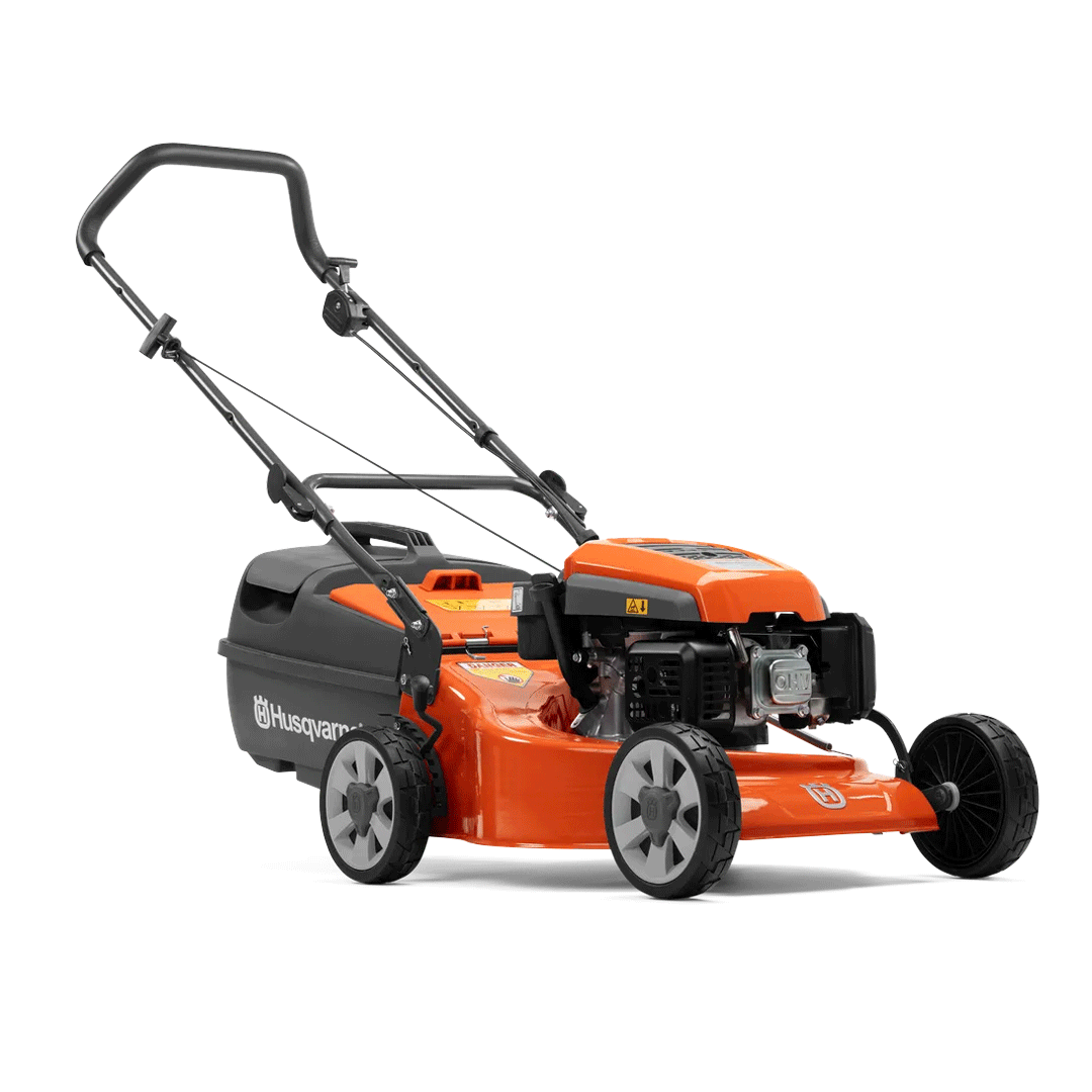Orange and black push lawn mower with rear grass bag on a white background