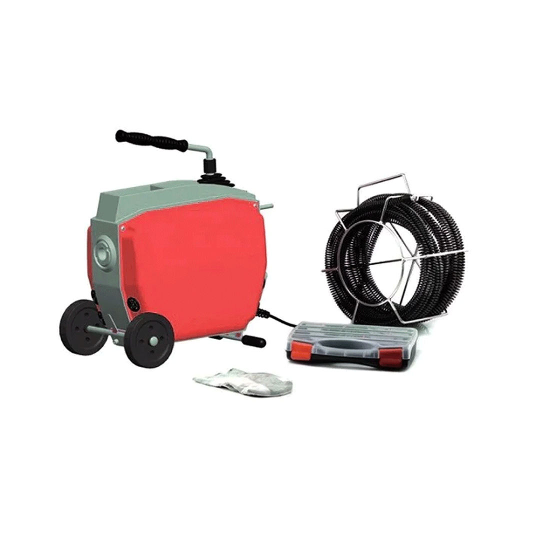 Portable drain cleaning machine with coiled cable, wheels, and accessories on white background
