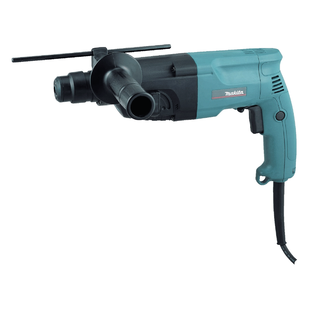 Teal and black electric hammer drill with side handle on white background