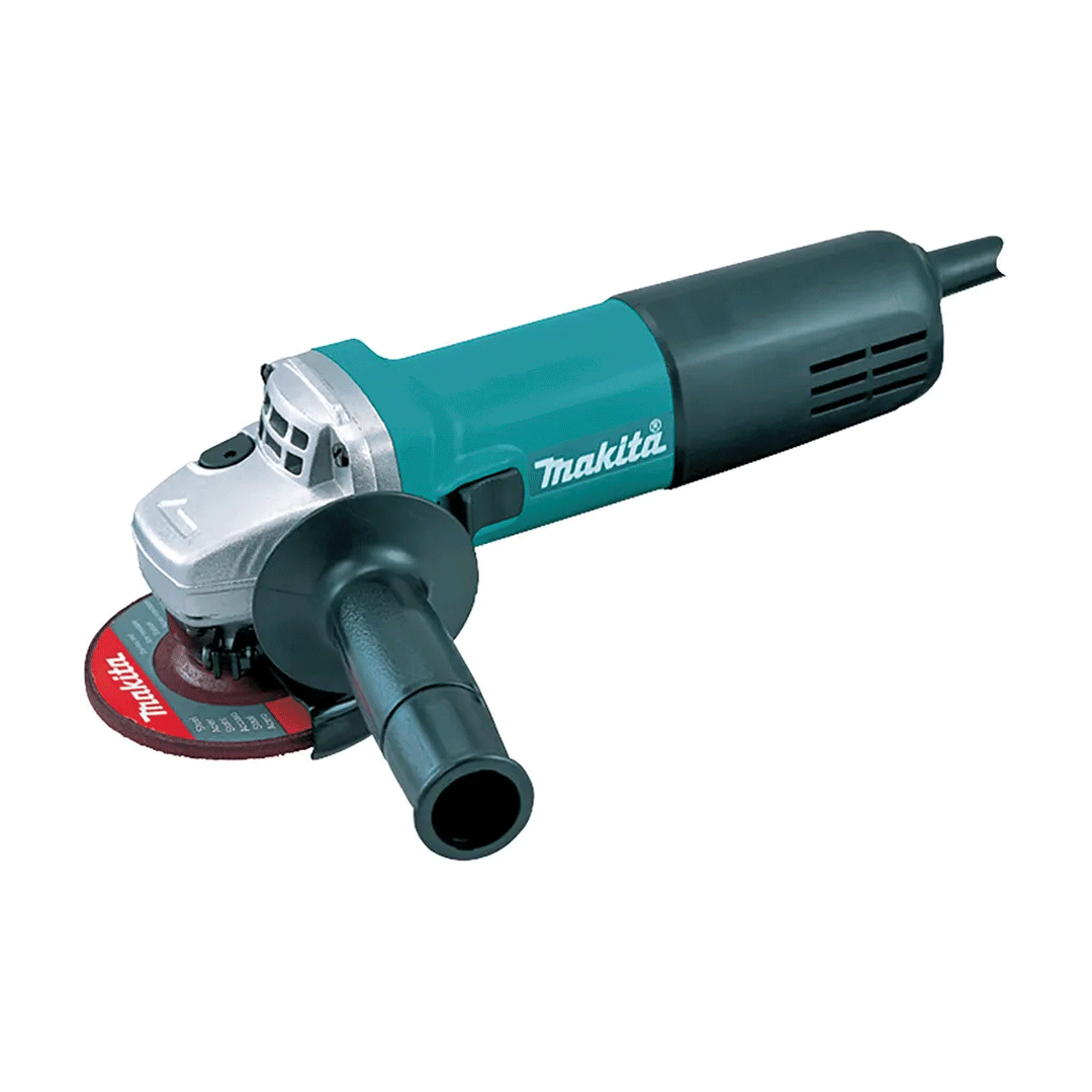 Turquoise and black Makita angle grinder with side handle on white background