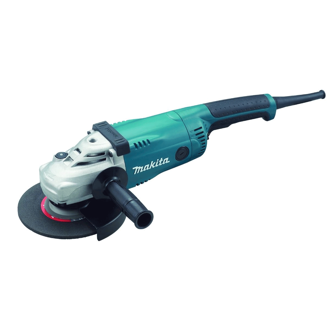 Teal Makita angle grinder with black disc and side handle on a white background