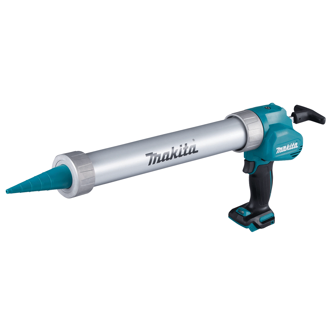 Makita cordless caulking gun with teal and silver body and cone nozzle on white background