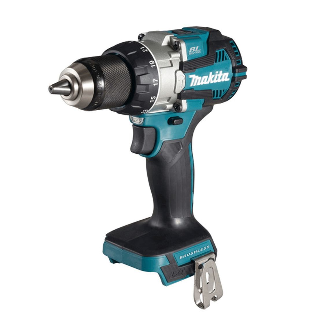 Cordless teal-and-black Makita drill with battery, angled on white background