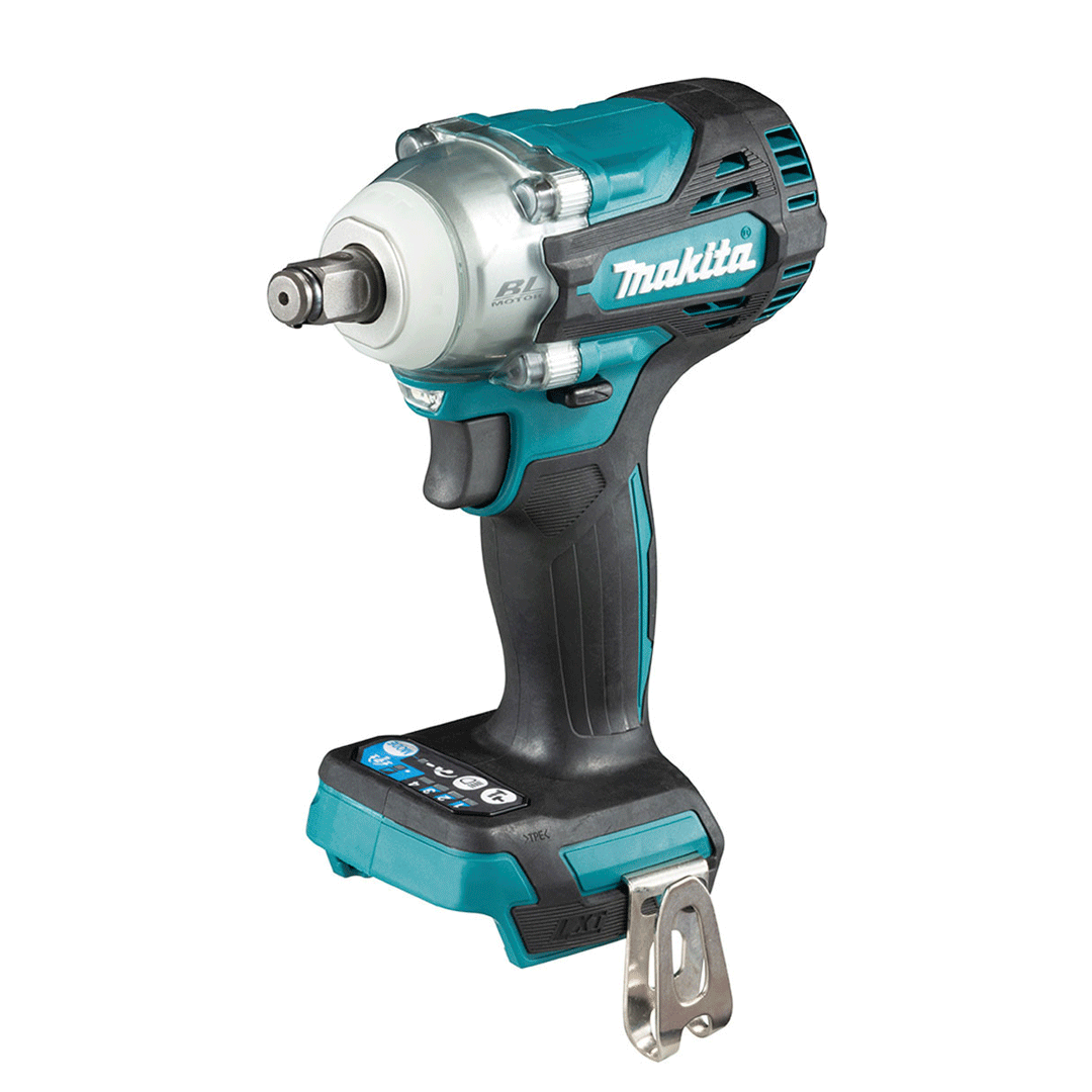 Teal and black cordless impact wrench with battery pack on white background