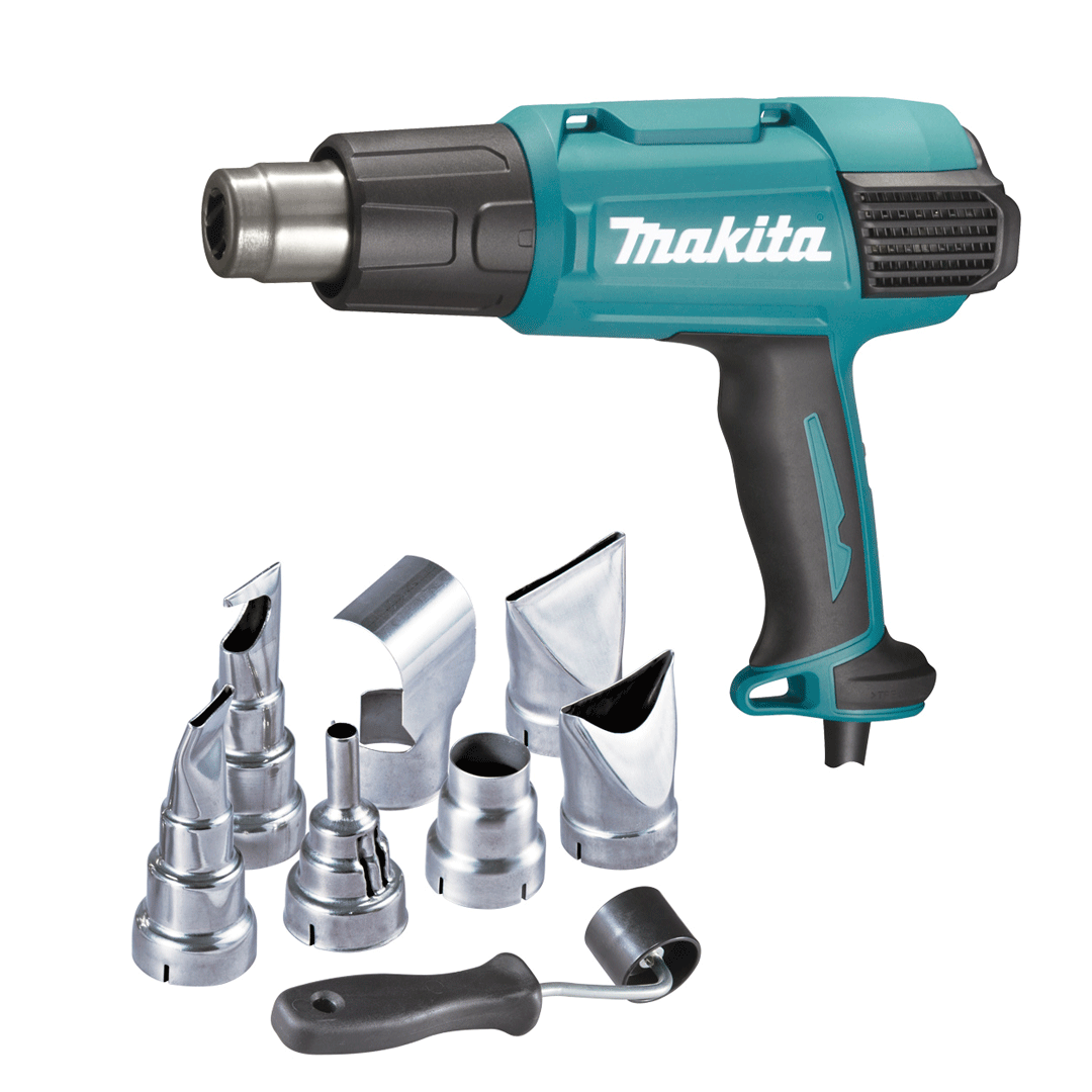 Makita heat gun with assorted nozzles and scraper attachments on a white background