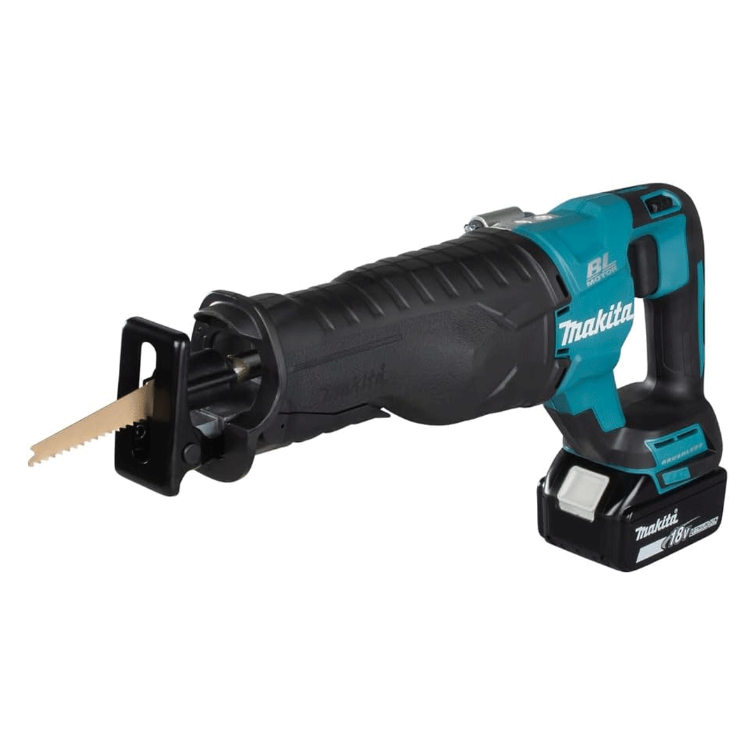 Black and teal cordless reciprocating saw with battery attached, angled left on a white background