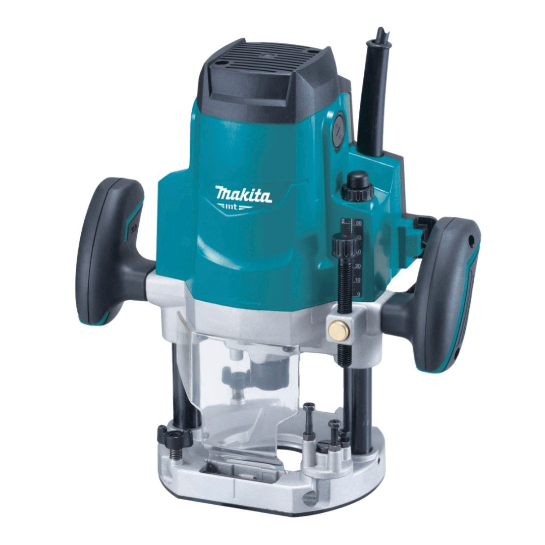 Green Makita corded drill with side handle and chuck, shown on a white background