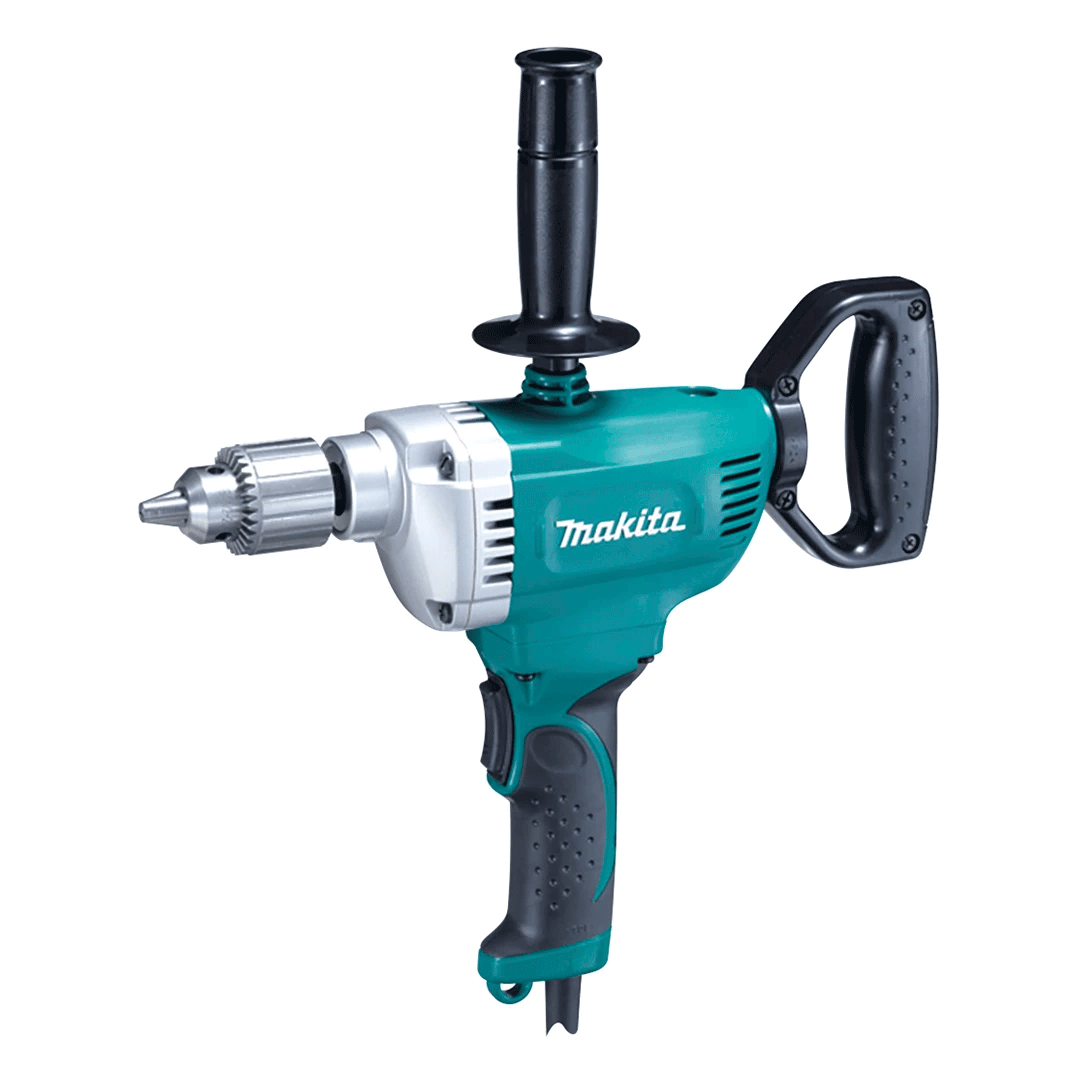 Green Makita corded drill with side handle and chuck, shown on a white background
