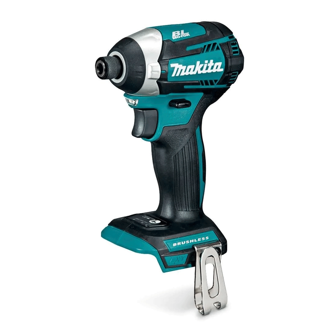 Teal and black Makita cordless impact driver with battery mount, isolated on white background
