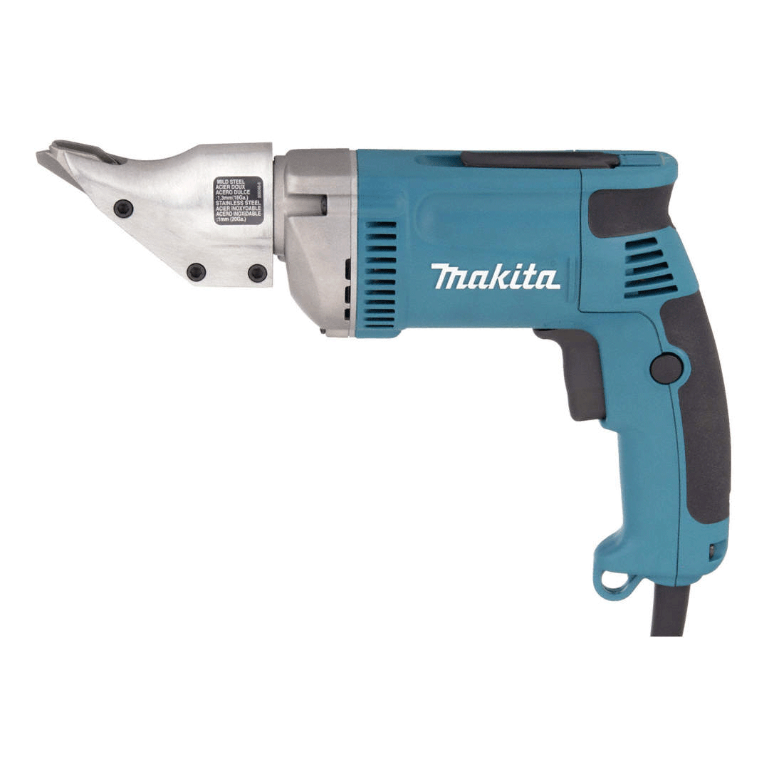 Blue Makita electric drywall screwdriver with metal nose and black handle on a white background