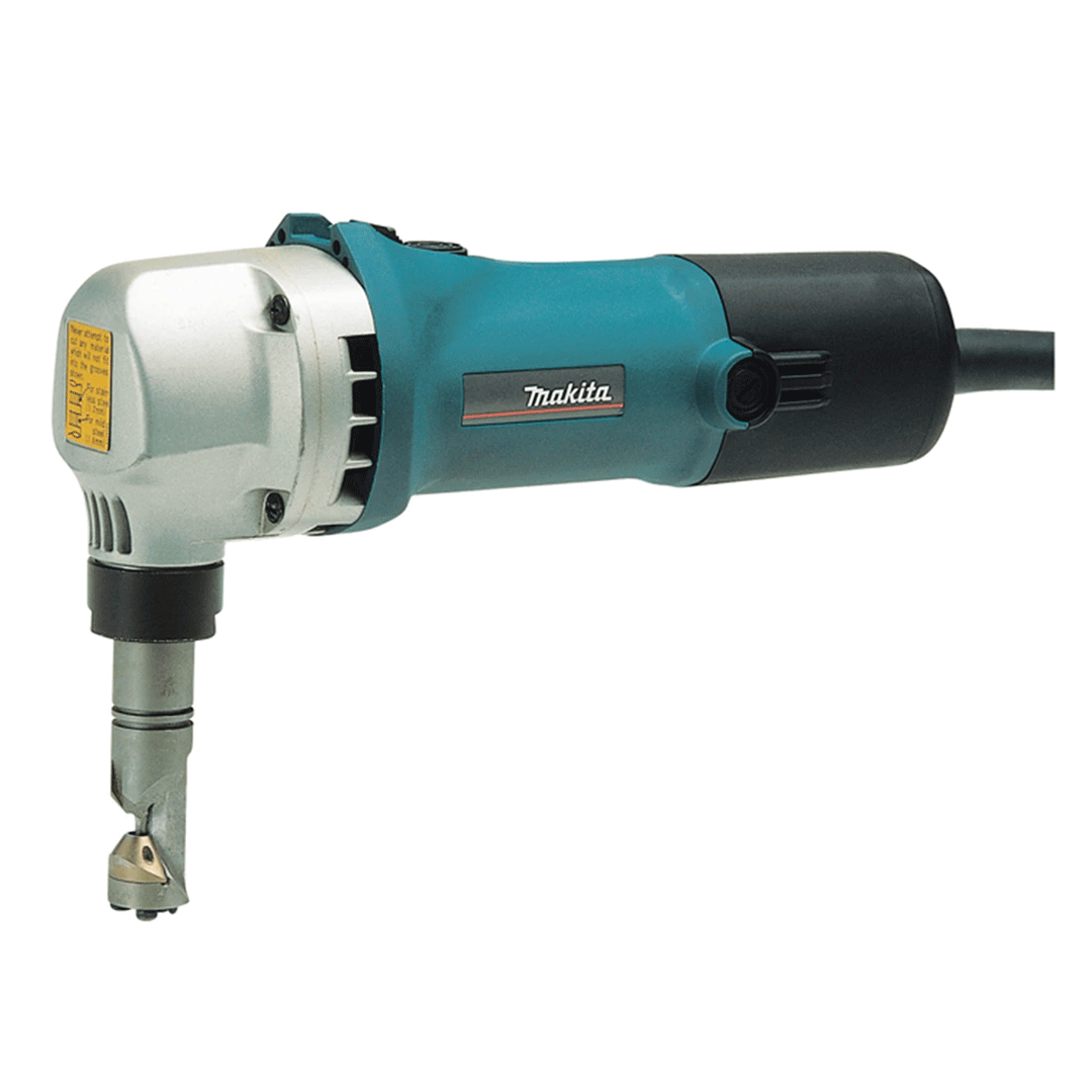 Teal and black electric sheet metal nibbler tool with cutting head and cord