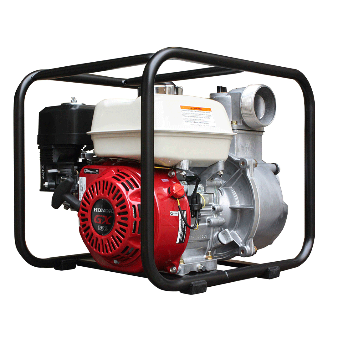 Portable gasoline water pump with black frame, red engine, white fuel tank, and silver pump housing