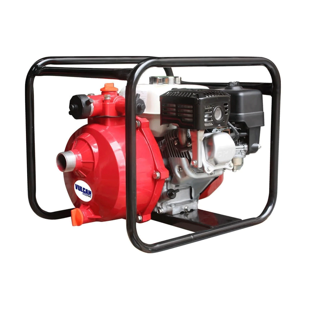 Red portable water pump in a black metal frame with a small gasoline engine.
