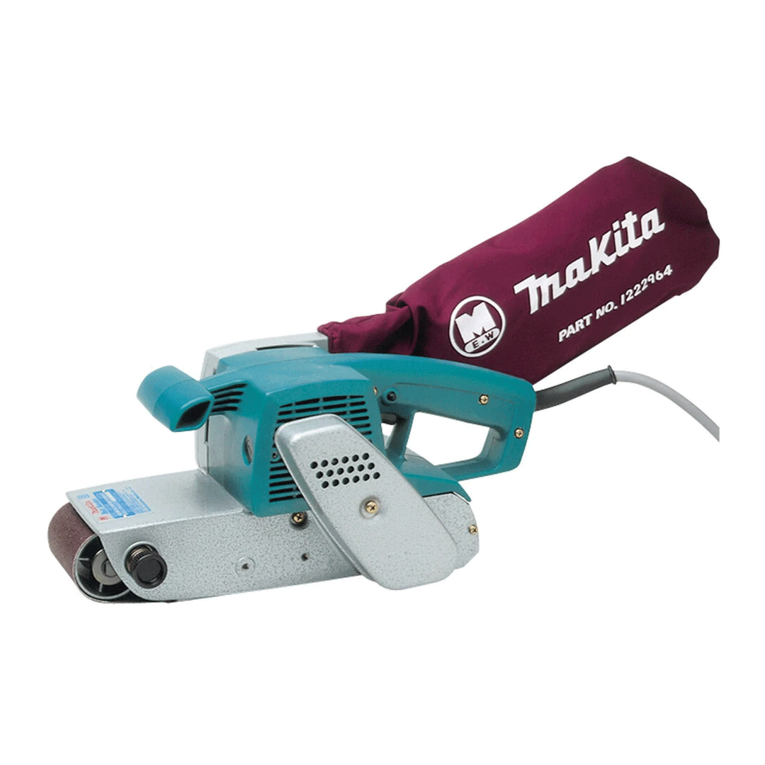 Makita teal electric belt sander with maroon dust bag on white background