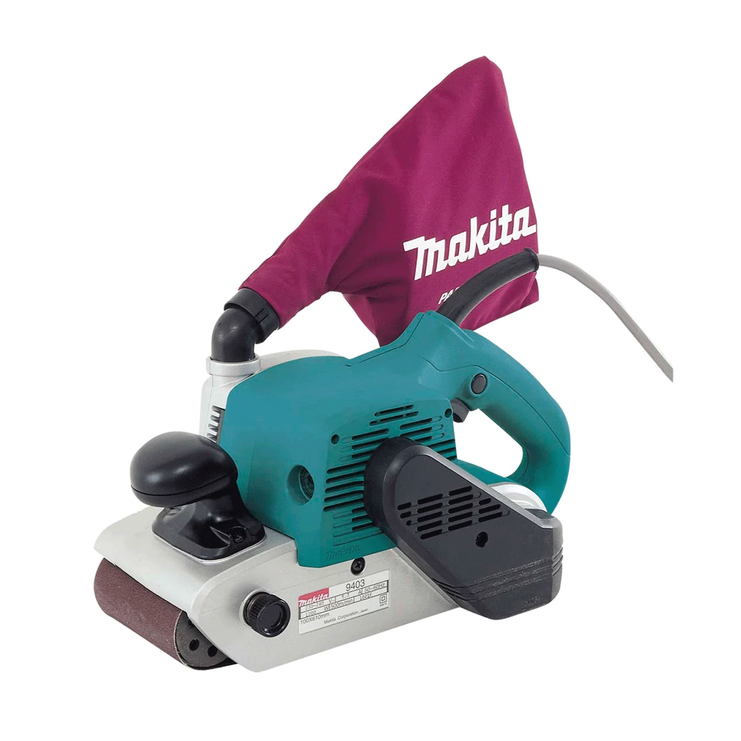 Makita handheld belt sander with teal body, white base, maroon dust bag, and black handle