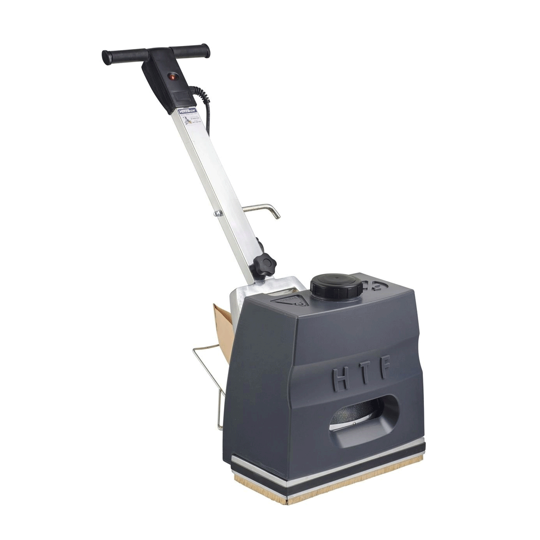 Gray floor scrubber machine with a long handle and black controls on a white background