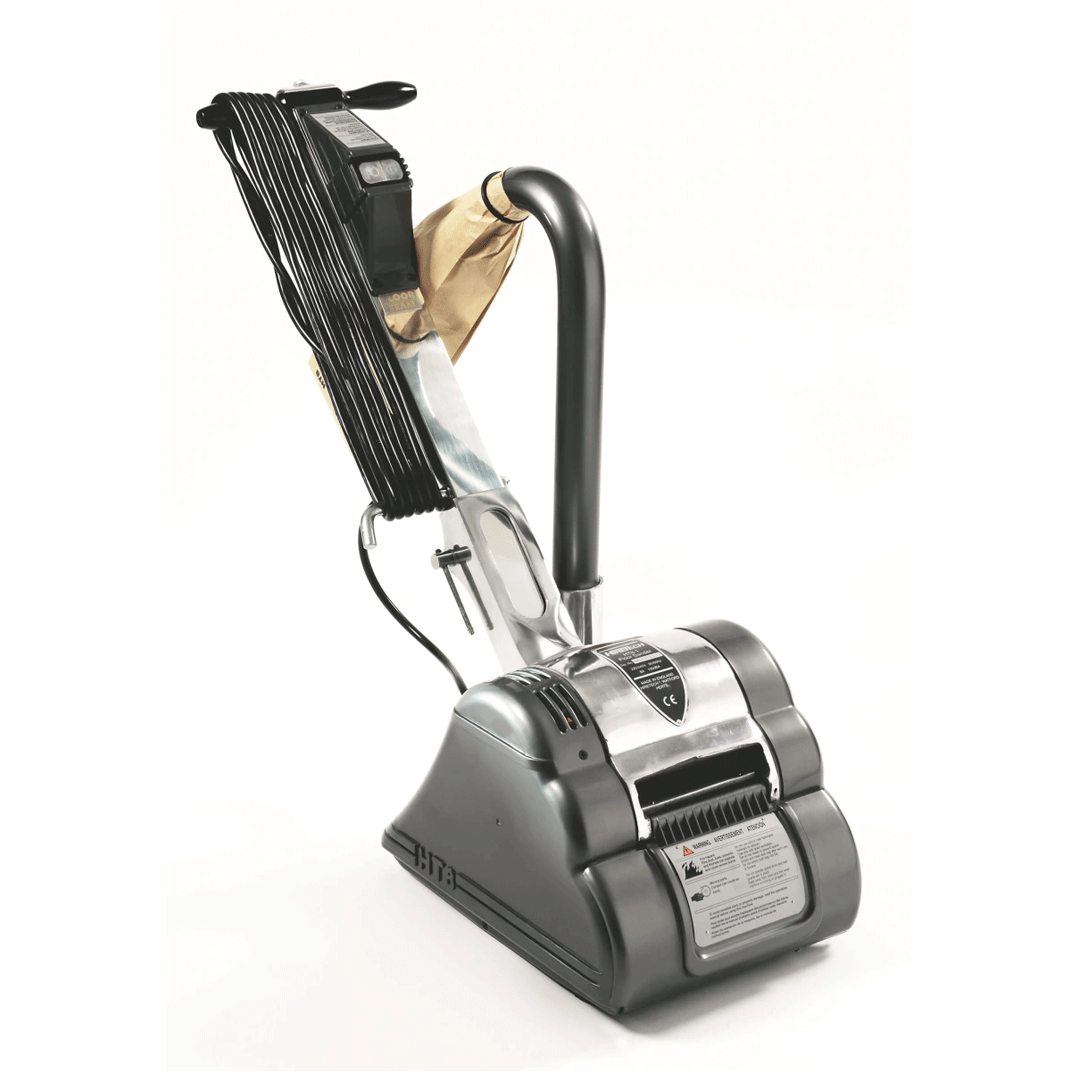 Chrome countertop electric appliance with a black mesh basket and handle attached to the top