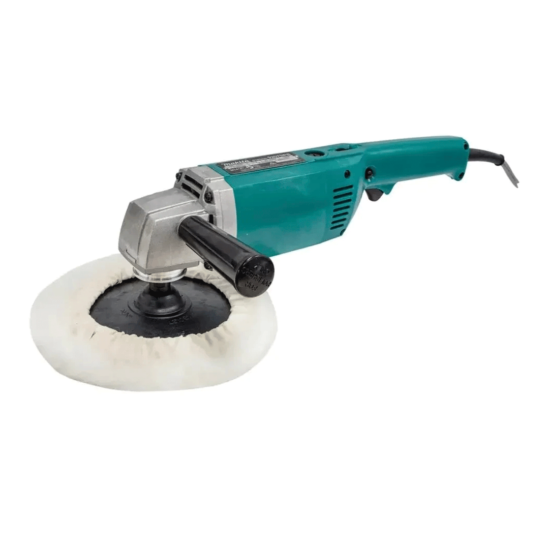 Teal electric buffer with white polishing pad on a white background