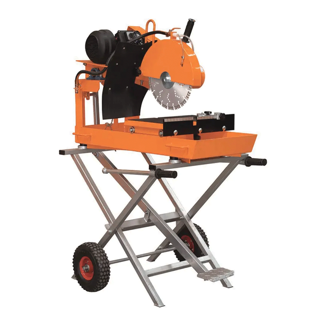 Orange concrete saw on a wheeled stand with a silver blade and black motor.
