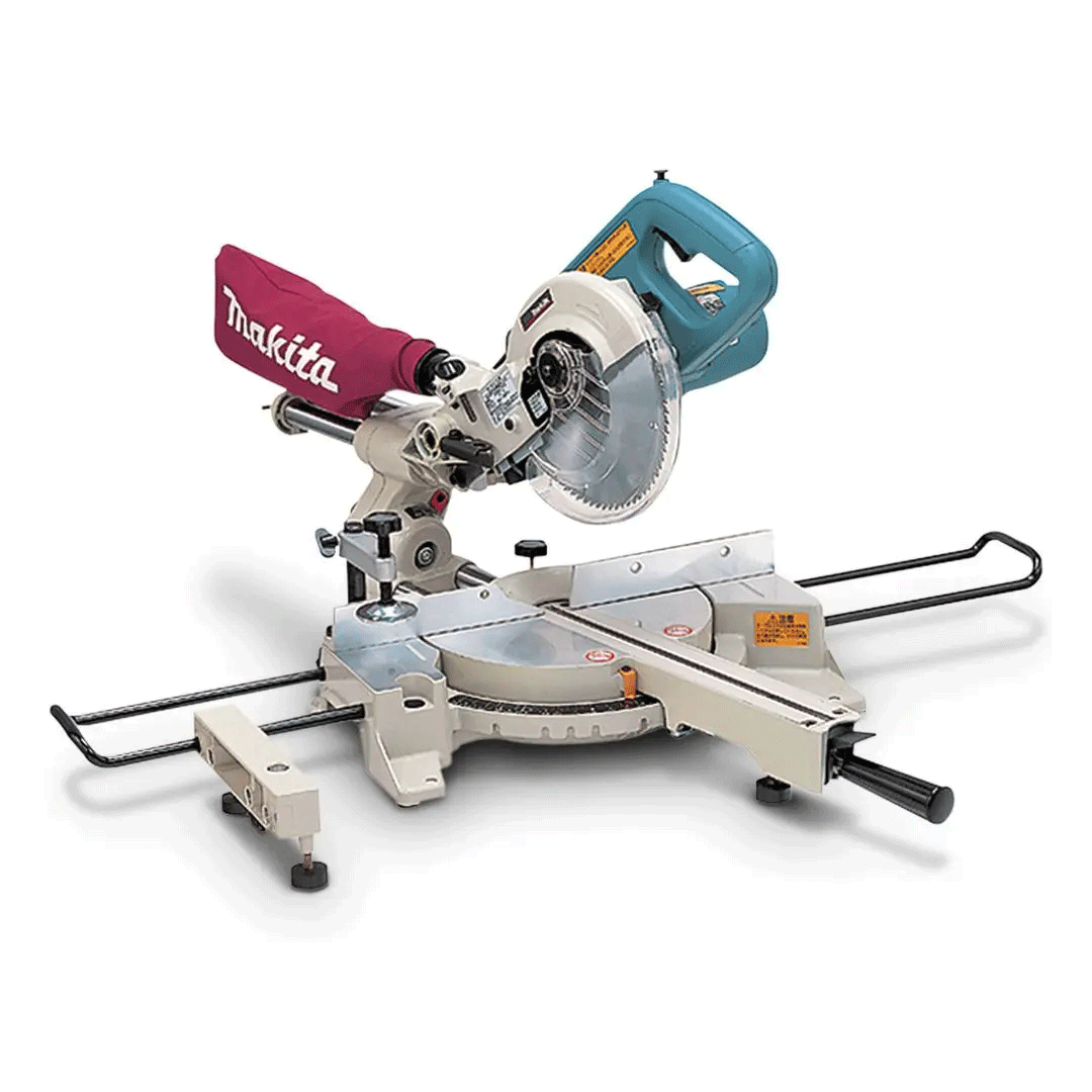 Portable miter saw with blue handle and red blade guard on a silver stand, isolated on white background