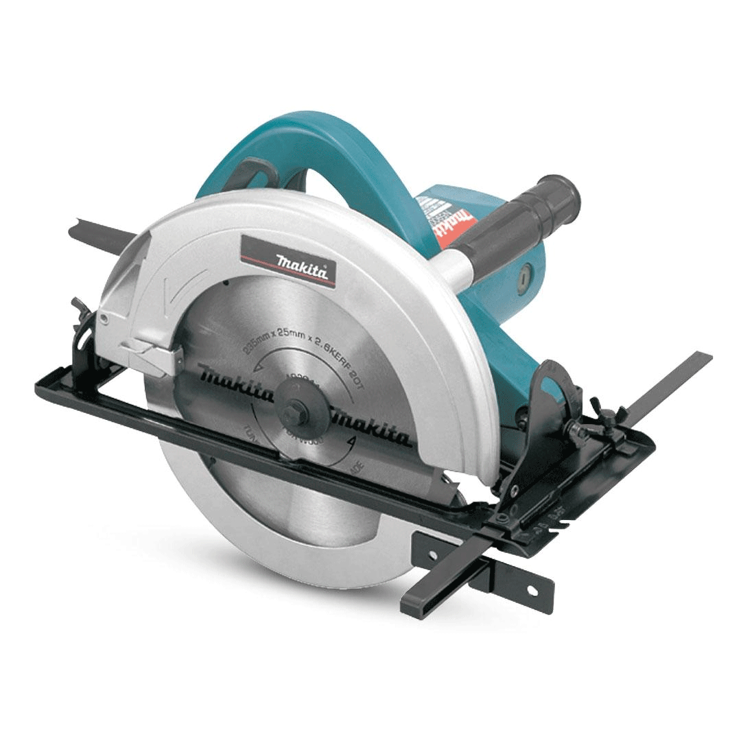 Blue and silver circular saw with black handle and blade guard on a white background
