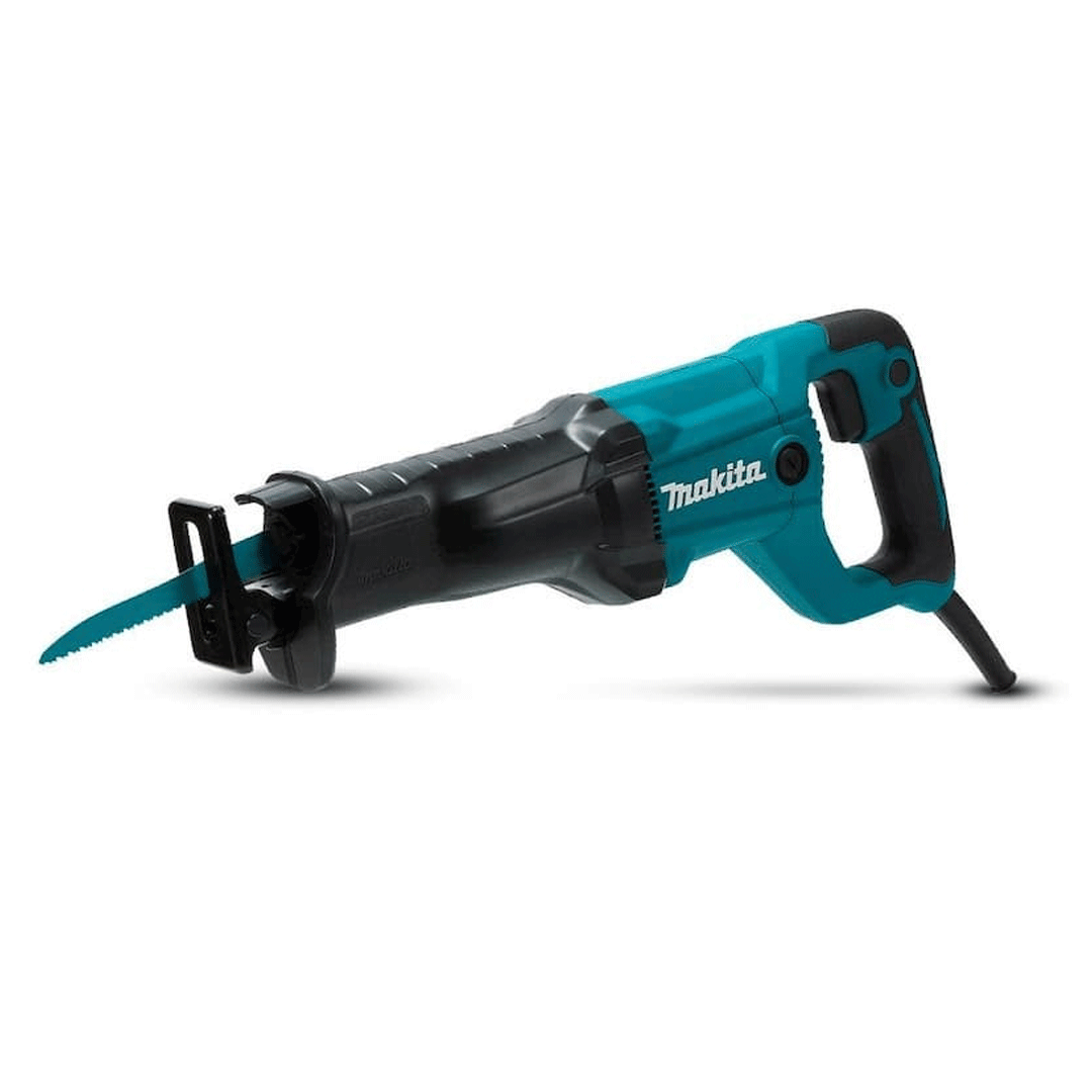 Teal and black cordless reciprocating saw with blade on a white background