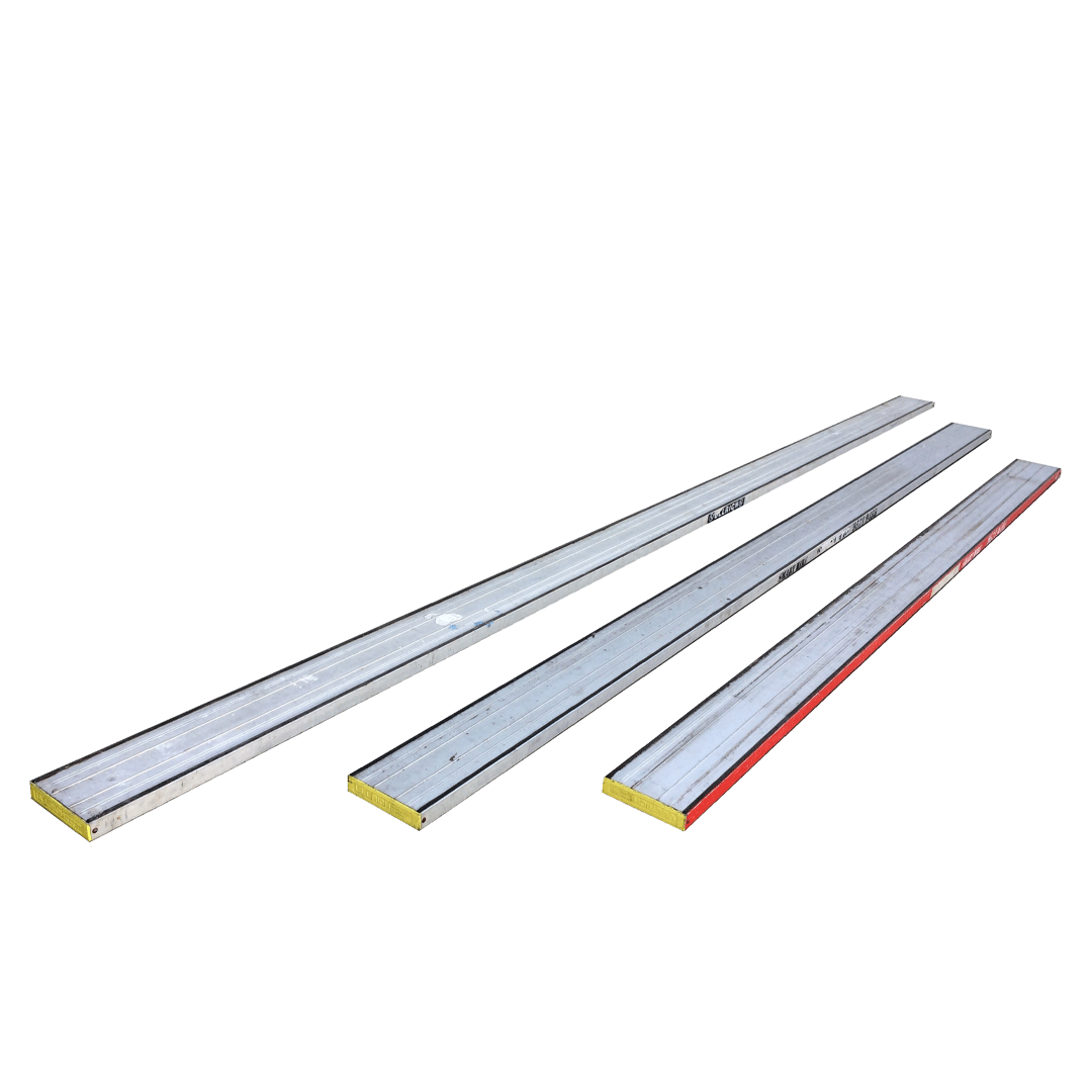 Three long silver metal planks on a white background, one with red edge and yellow ends
